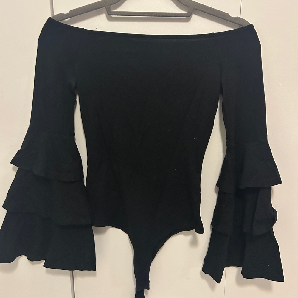 Aqua Black Off-Shoulder Bodysuit with Ruffle Sleeves